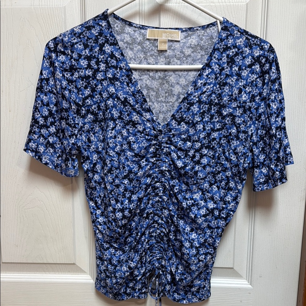 Michaels Blue Ruched Tie Front Blouse